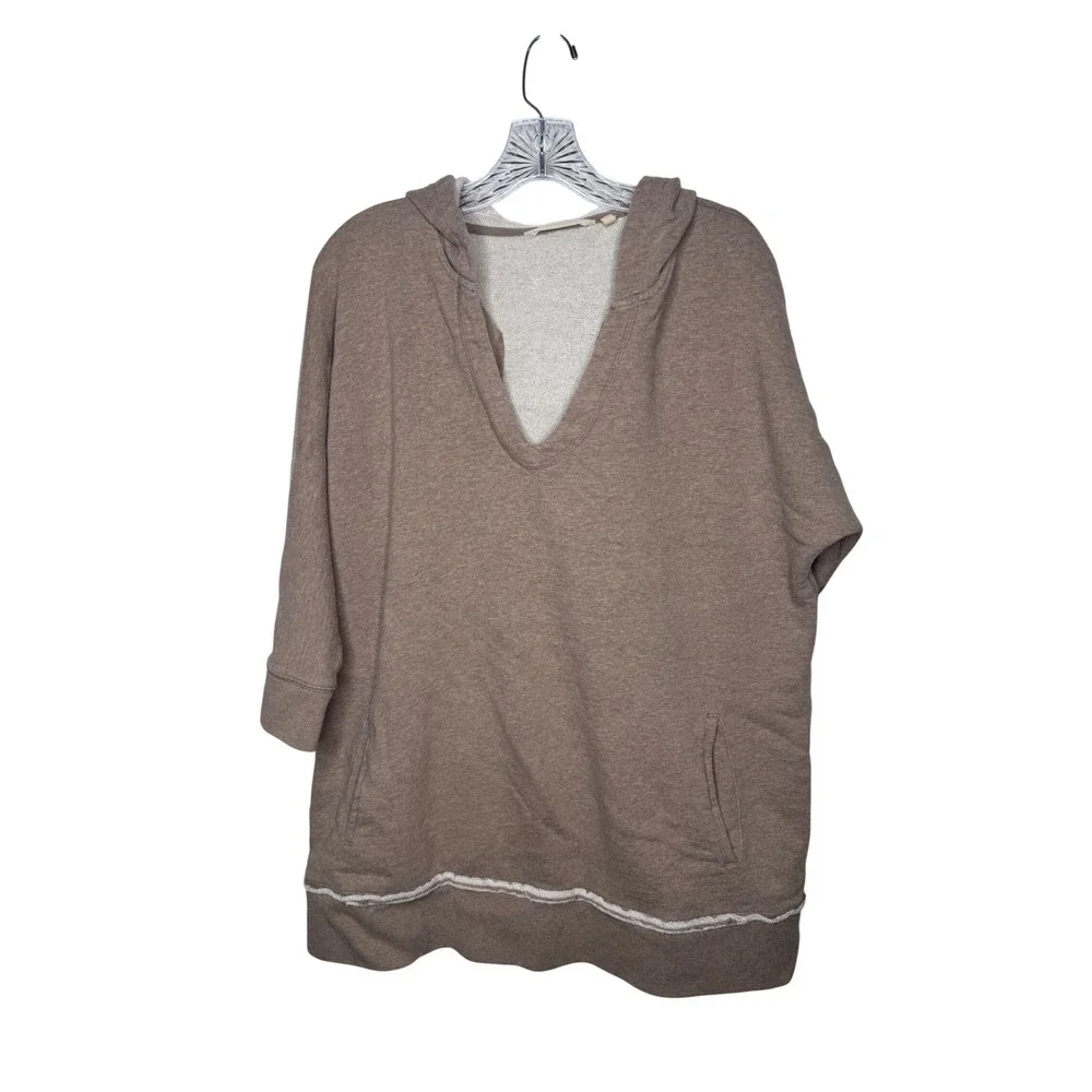 Soft Surroundings Womens Taupe Brown Cotton French Terry V-Neck Hoodie L - Picture 1 of 8